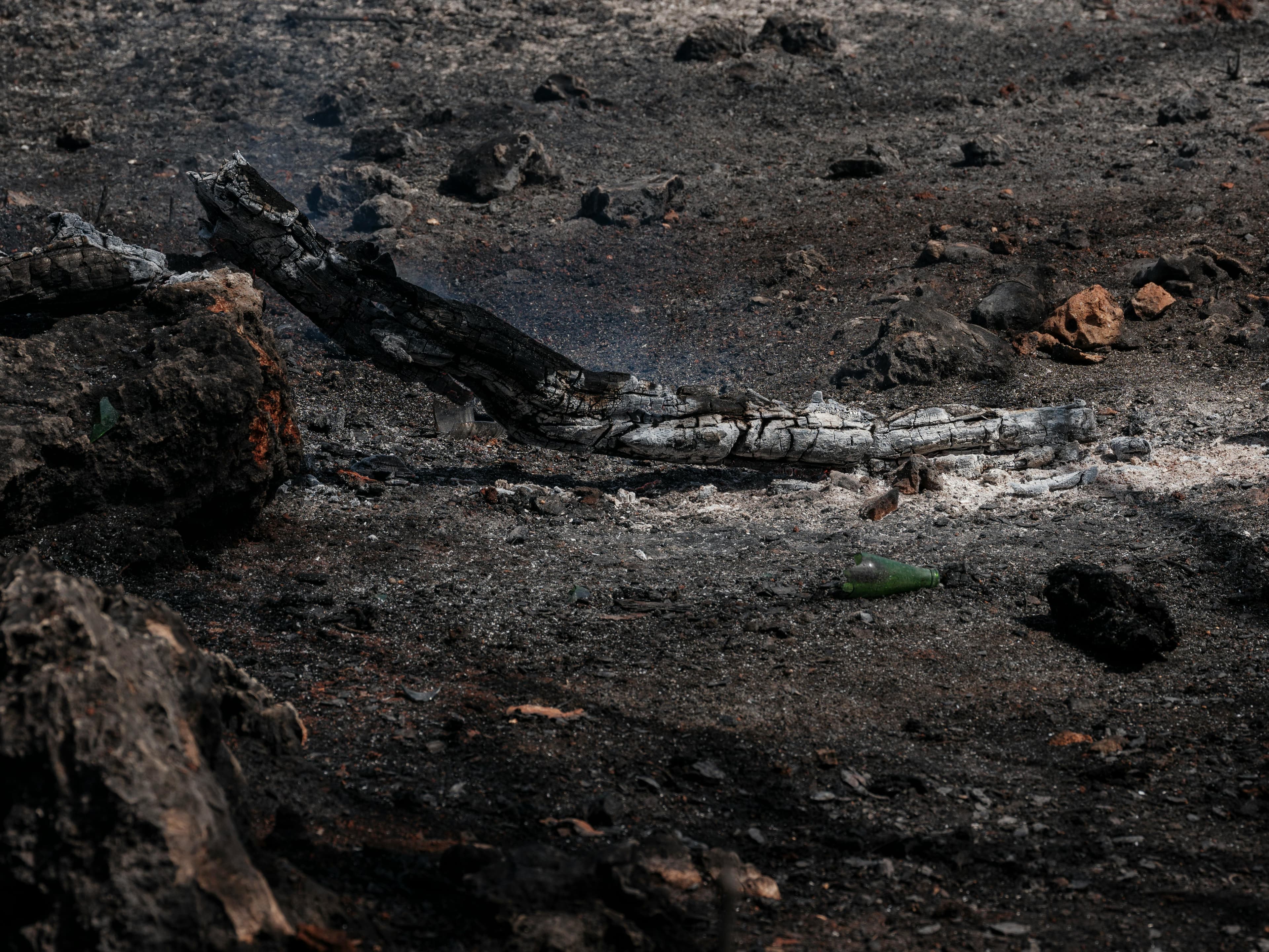 Charred landscape with a blackened log and ash-covered ground, scattered rocks, and a green bottle amidst signs of recent fire.