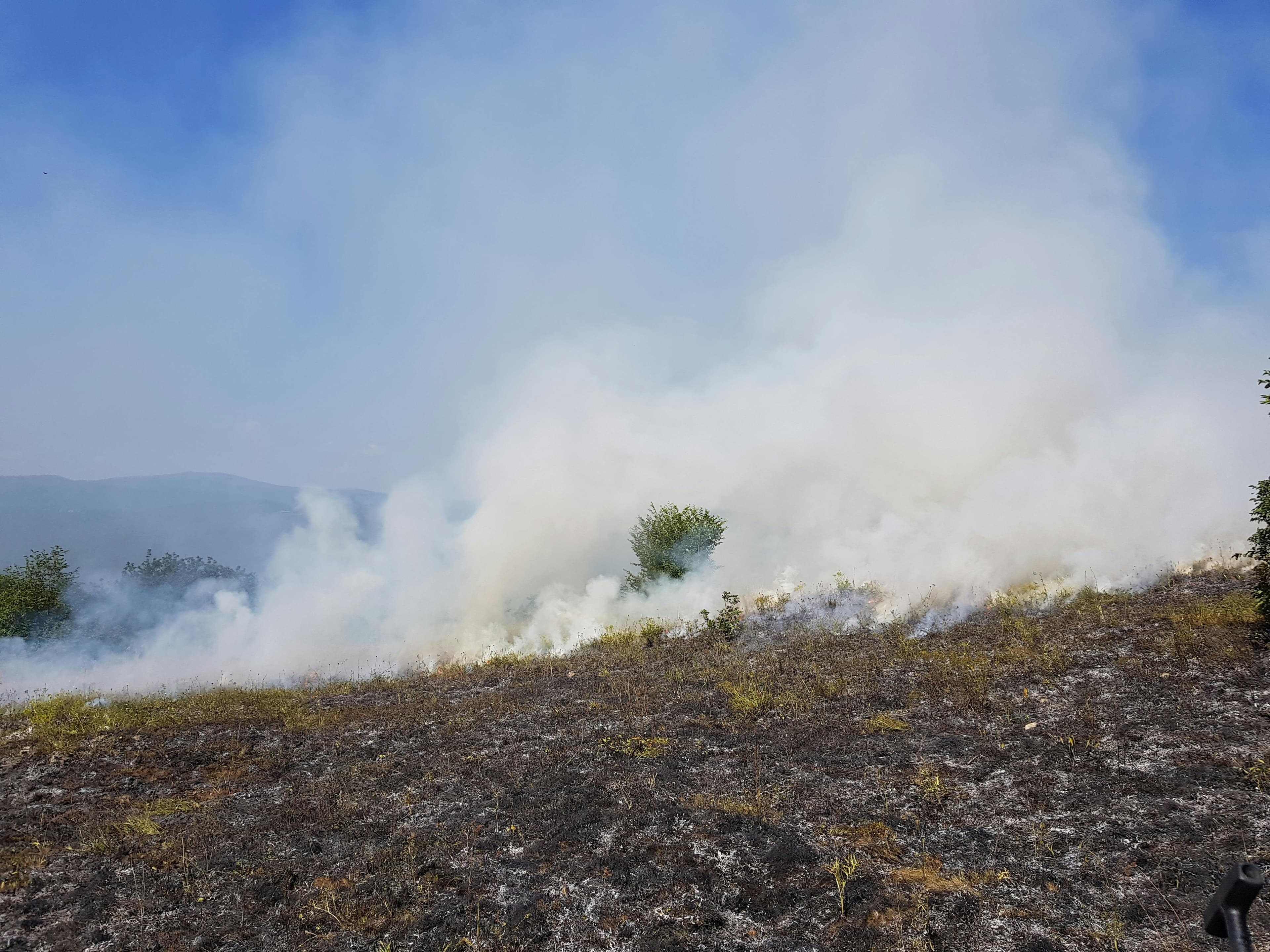 Smoke billows from a charred hillside, with patches of blackened earth and sparse vegetation under a blue sky.